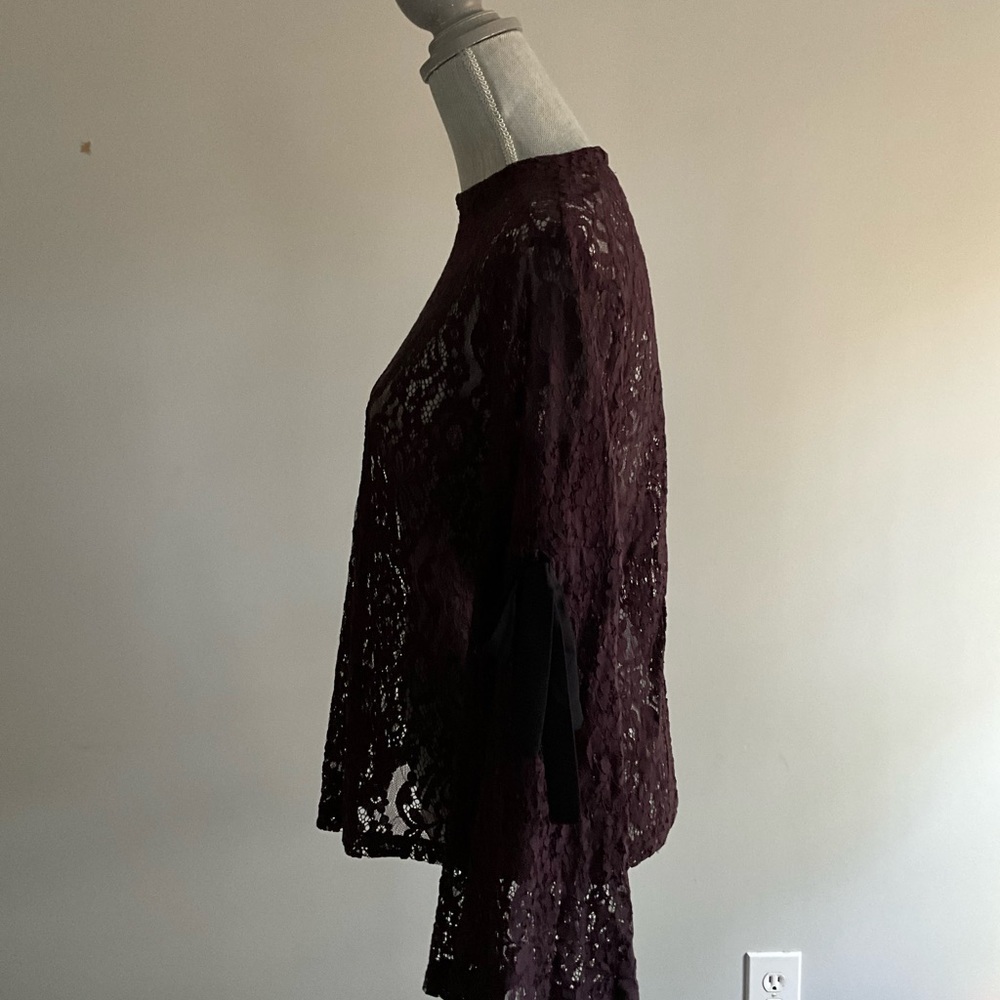Loft Long Sleeved Burgundy Lace & Ribbons Top Size Small - Picture 4 of 8